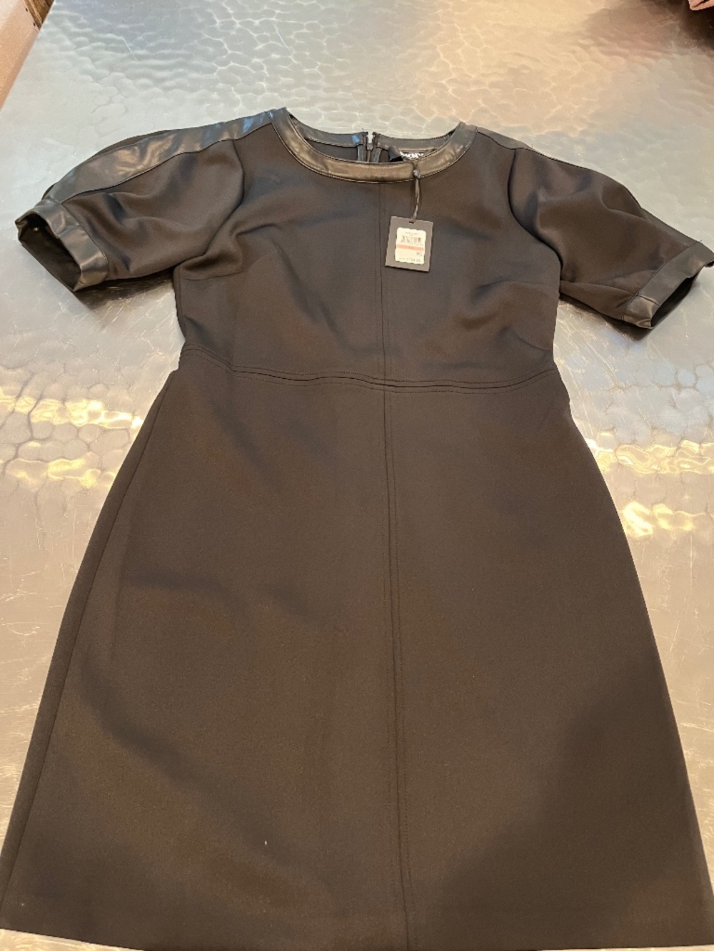 DKNY Puff Sleeve Black Dress with Leather Detailing